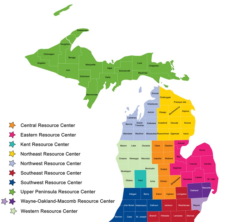 Map of Michigan showing counties color coated in to ten sections relating to their assigned Resource Center. 
