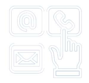 An "at" symbol, finger pointing to a telephone, and envelope.